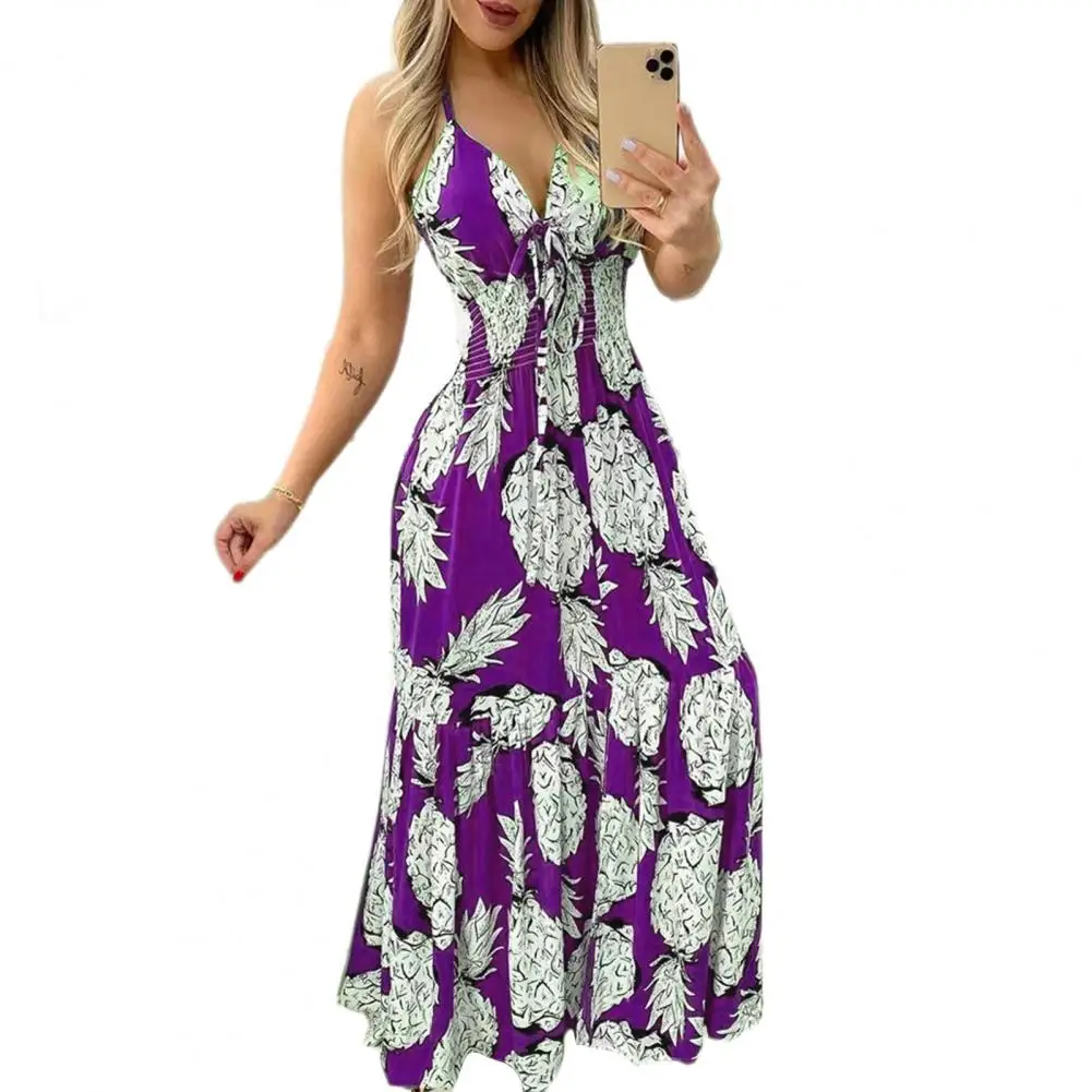 Bloemenprint Jurk Elastische Taille Jurk Met Bloemenprint Halter Hals Maxi Jurk Voor Dames Vakantie Strandkleding Met Elastische Hoge Taille