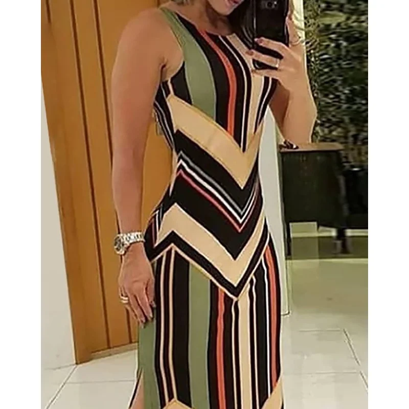 Fashion Geometric Striped Colorful Side Print Slit Sexy Maxi Dress Female Colorblock Sleeveless Long Dresses Slim