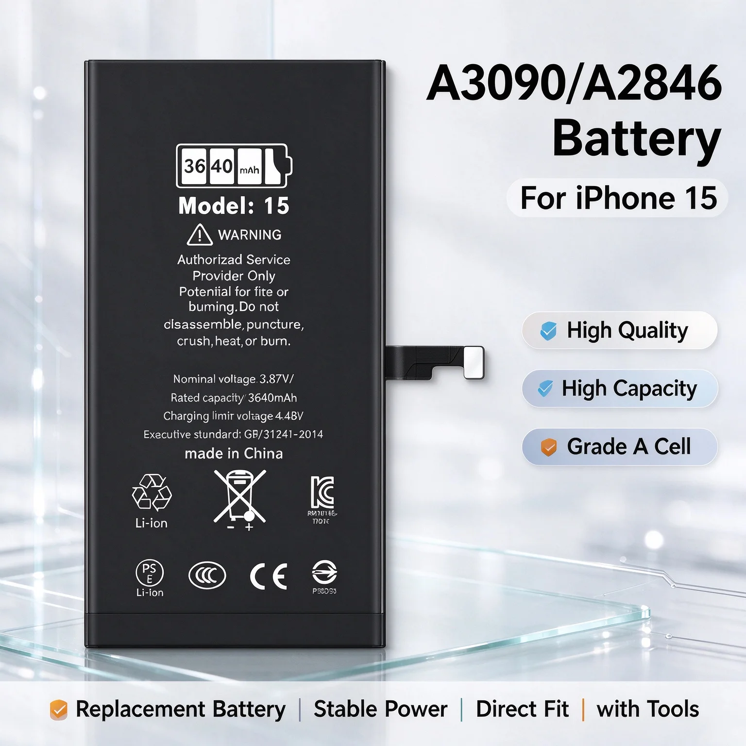 A3090/A2846 Battery for iPhone 15 High Quality High Capacity Grade A Cell Replacement Battery with Tools