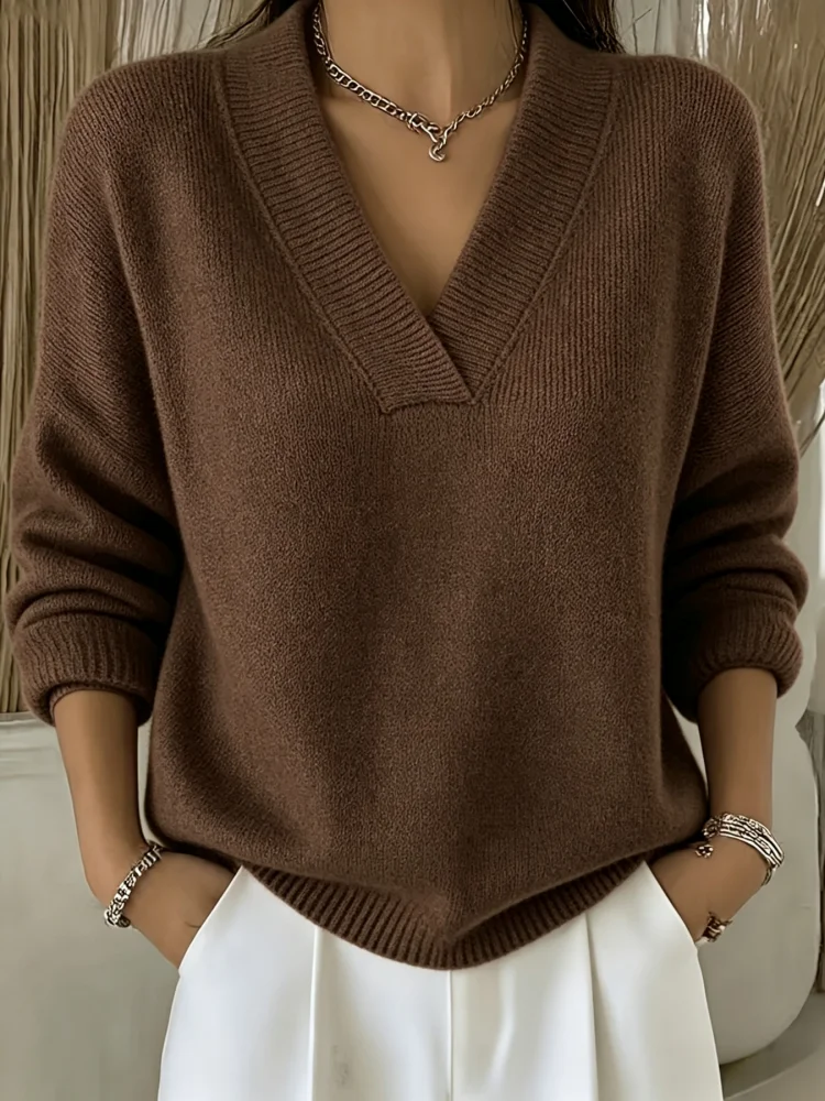 Europäische und amerikanische Plus-Size-Damenbekleidung, Herbst- und Winter-High-End-eleganter, lässiger, weicher Pullover mit V-Ausschnitt für Damen – Detail 10