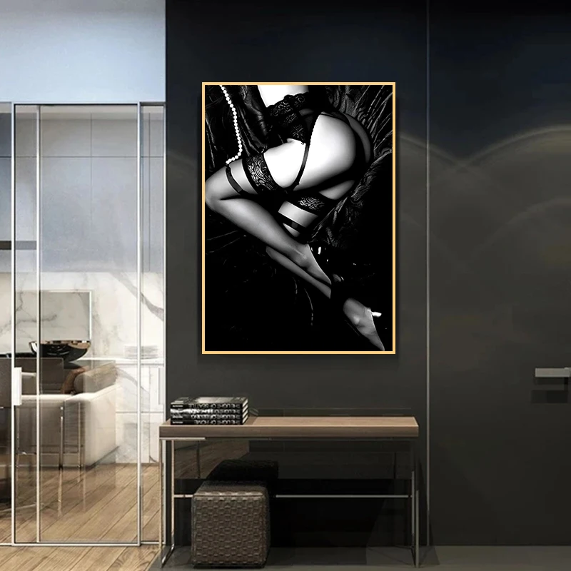 Vintage Black and White Sexy Woman Drinking Smoking Poster Photography HD Picture Canvas Paintings for Living Room Home Decor view 4