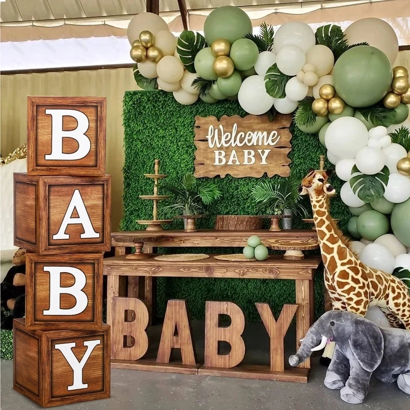 Wood Grain Brow Baby Shower Box Baby Balloon Boxes 1st Birthday Party Decor Kids Teddy Bear Baby Shower Boy Girl Gender Reveal