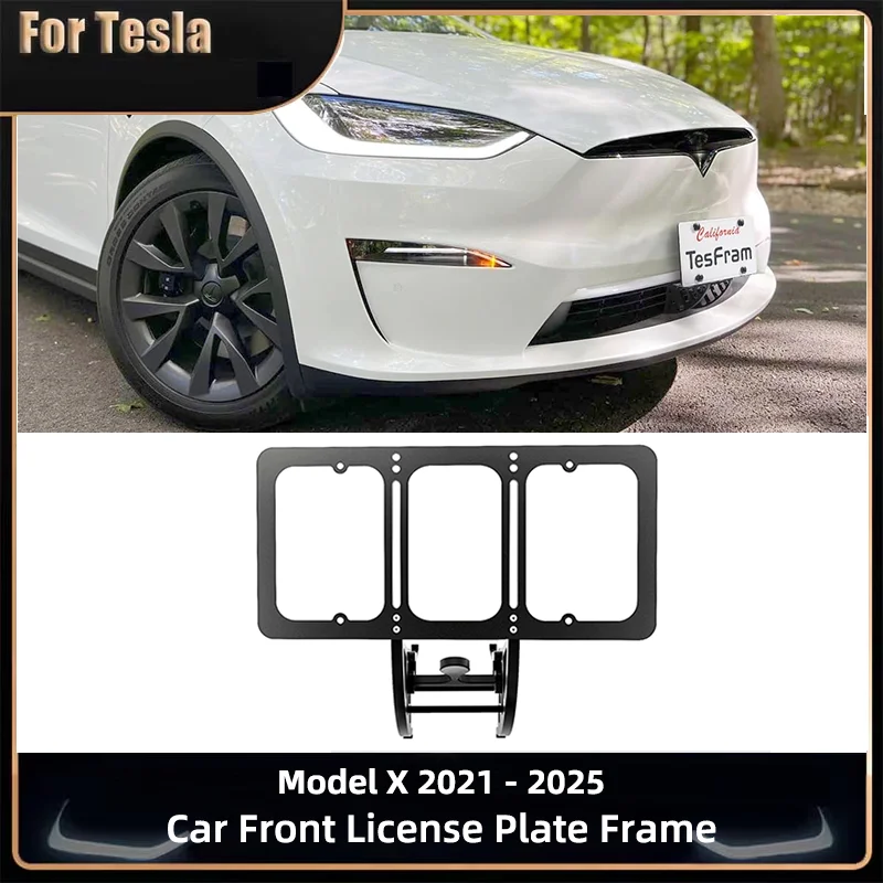 

For Tesla Model X 2025-2021 License Plate Frame Car Front Anti-Theft No Adhesive No Drill Mounting Height-Adjustable Accessories