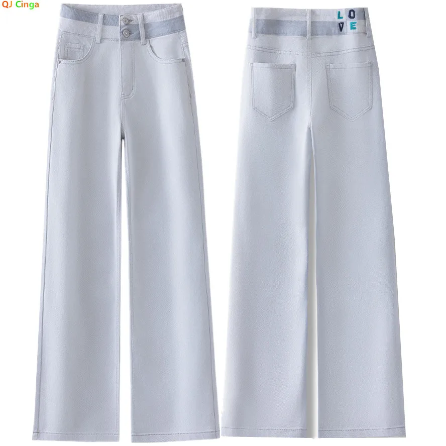 

Gray-blue Women's Jeans, High-waisted Casual Straight-leg Pants, Letter Embroidery Decoration, High Quality