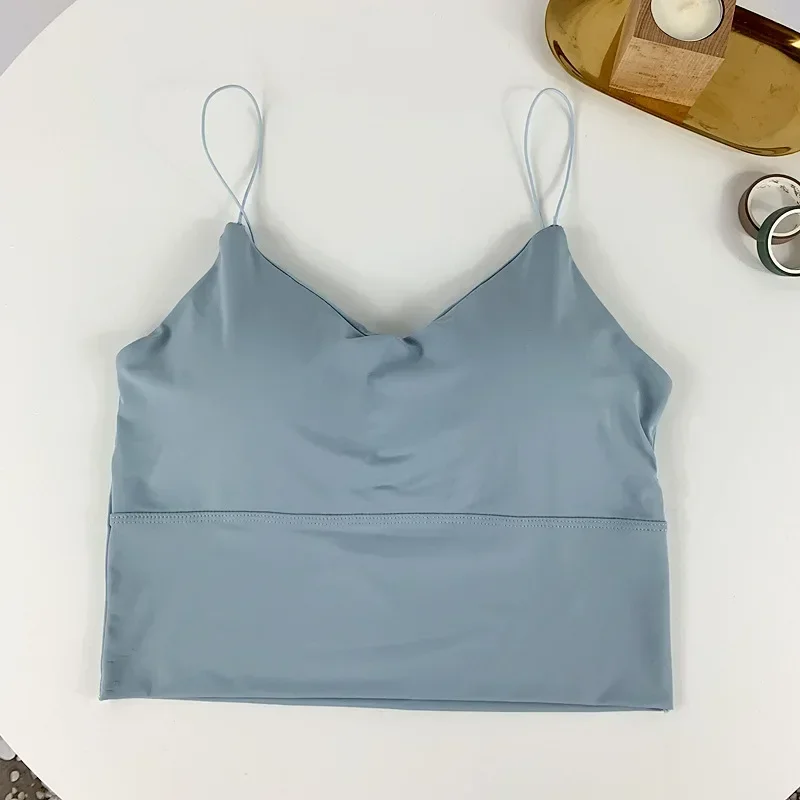 Sexy Bra Ice Silk Crop Tops Sports Spaghetti Strap Vest Top Women Sexy Built in Bra Shoulder Sleeveless Camisole Underwear