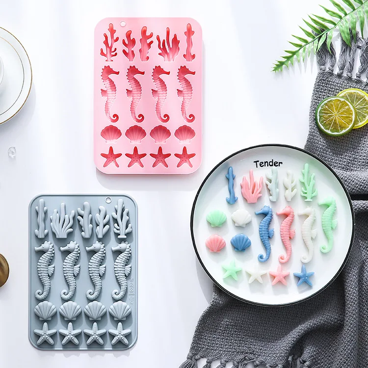 

17-hole Coral Seahorse Shell Starfish Silicone Mold Fondant Cake Chocolate Mould Baking Accessories Cake Decorating Tools