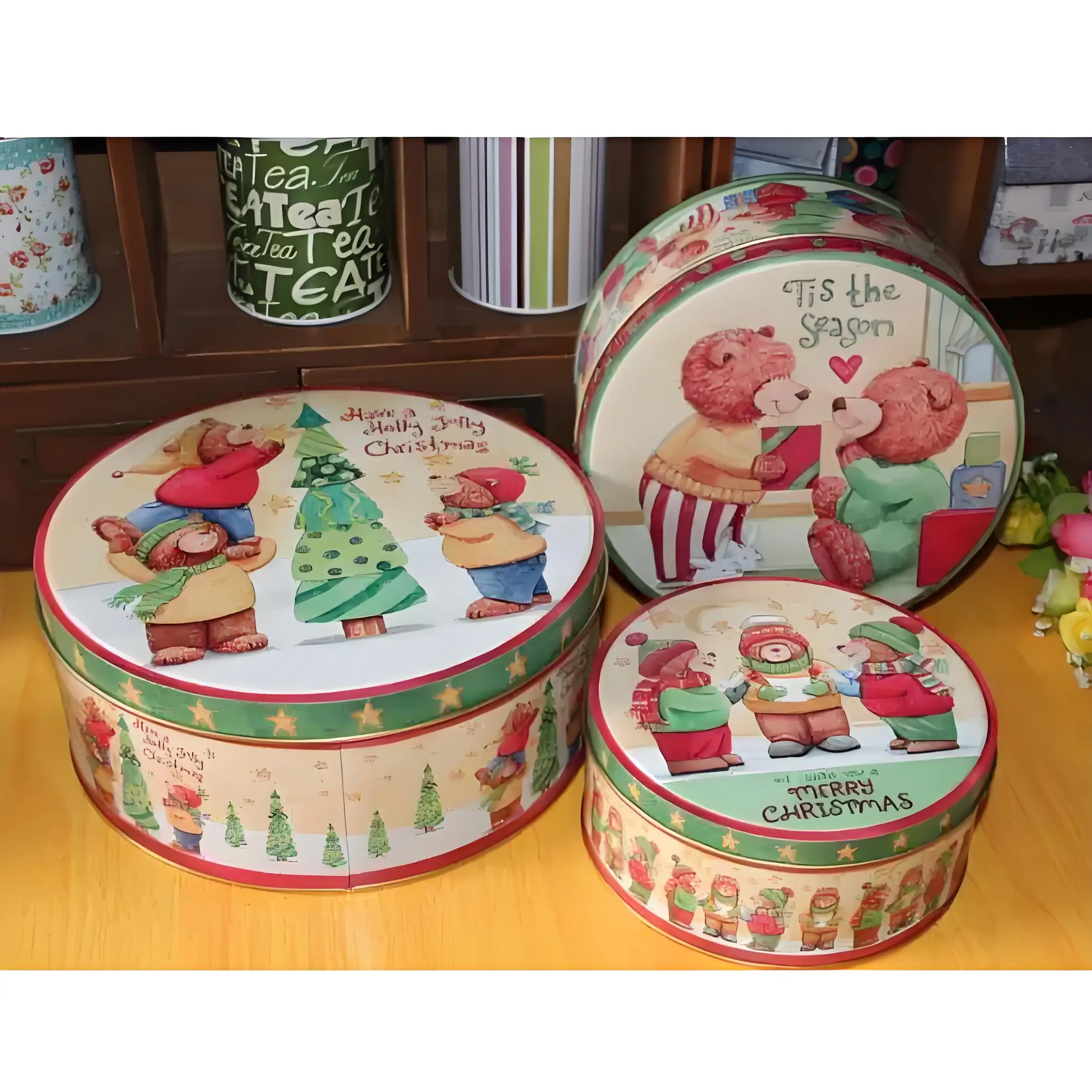 3 قطع معدنية الخبز البسكويت صندوق تخزين جولة صغيرة الدب القصدير حالة كامل اللون طباعة عيد الميلاد حزب هدية آخر 4 مجموعات التخليص!