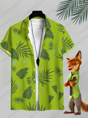 Zootop para hombre, misma camisa con estampado verde, camisa de manga corta con solapa, Tops, camisas informales con botones para uso diario en verano