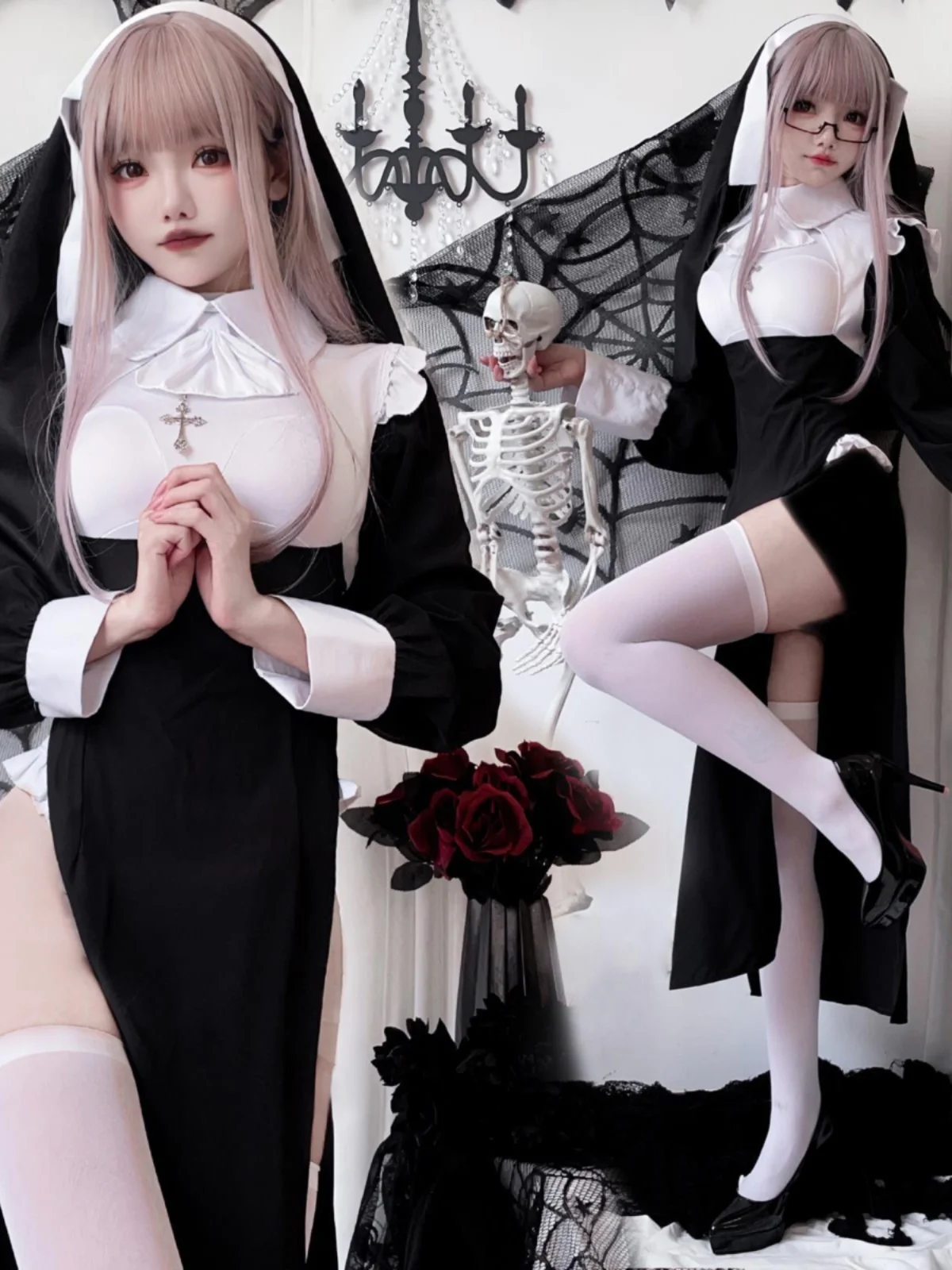 

Сексуальный костюм монахини в готическом стиле, женский наряд горничной с длинными рукавами, костюм для Хэллоуина, косплей, образ «Чистое желание»