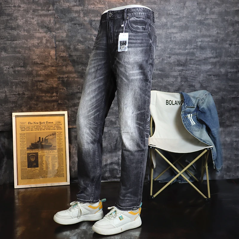 Italian Fashion Men Jeans Retro Black Gray Stretch Slim Fit Vintage Jeans Men High Quality Casual Trousers Designer Denim Pants