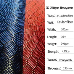 Czarny czerwony niebieski sześciokątne tkaniny z włókna węglowego o strukturze plastra miodu i Kevlar mieszane 3K 240gsm 4*4 2*2 twill hurtownie 40 