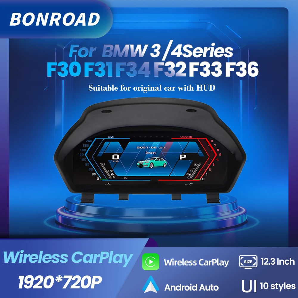 BONROAD Écran d'instrument numérique 12,3 pouces CarPlay pour BMW Série 3 et 4 F30 F31 F34 F35 F32 F33 F36 Tableau de bord Cockpit virtuel