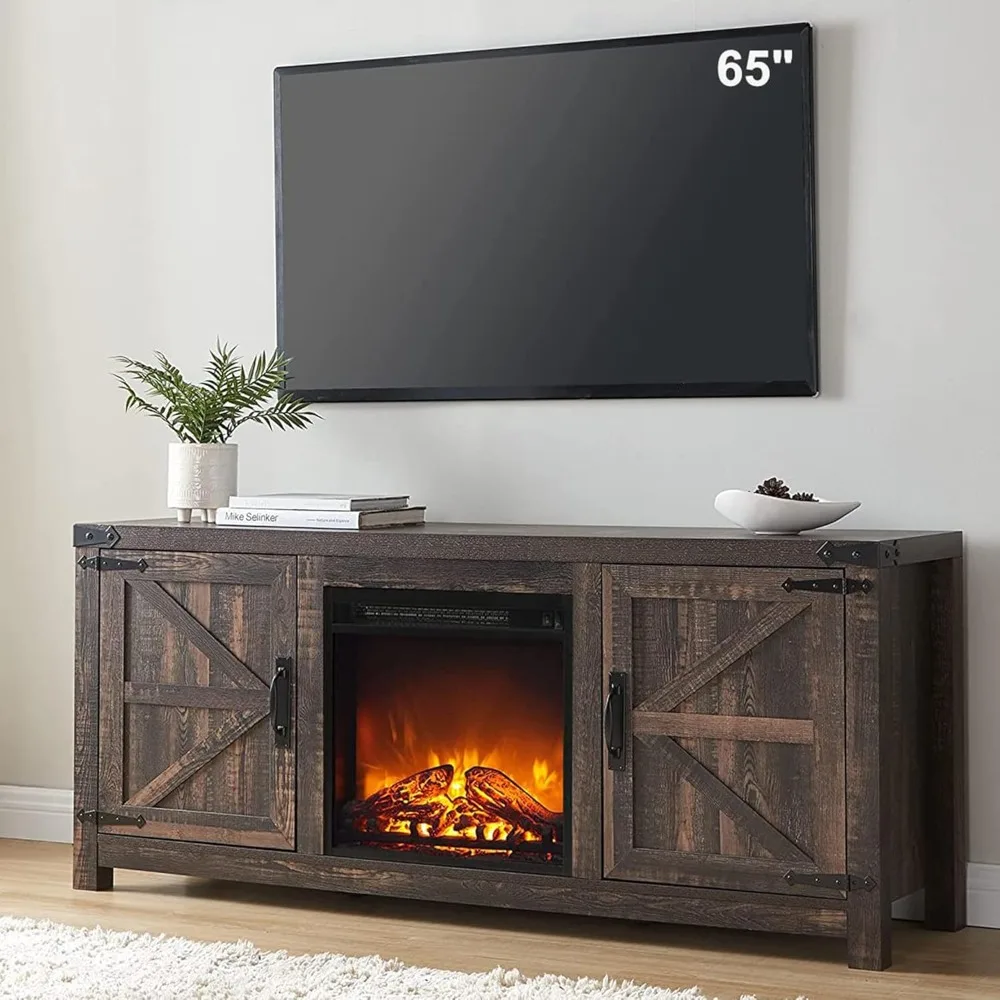 

Fireplace for 65-inch TV, barn door media console, 18-inch electric fireplace locker door, 58-inch, dark country oak