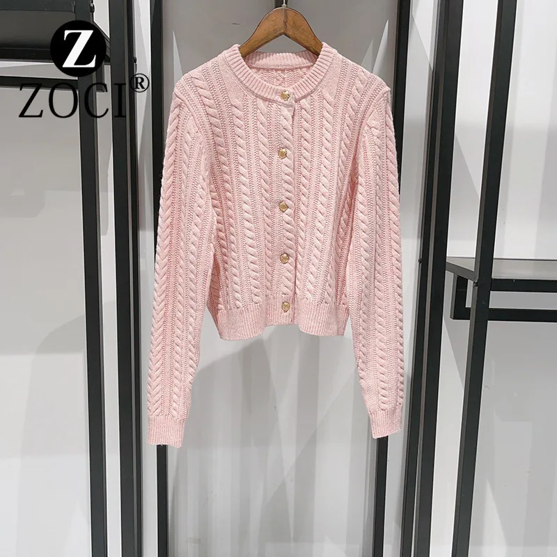 [ZOCI] French Niche 2024 Classic Fried Dough Twists White Round Neck Cardigan Metal Single Breasted Sweater 24805