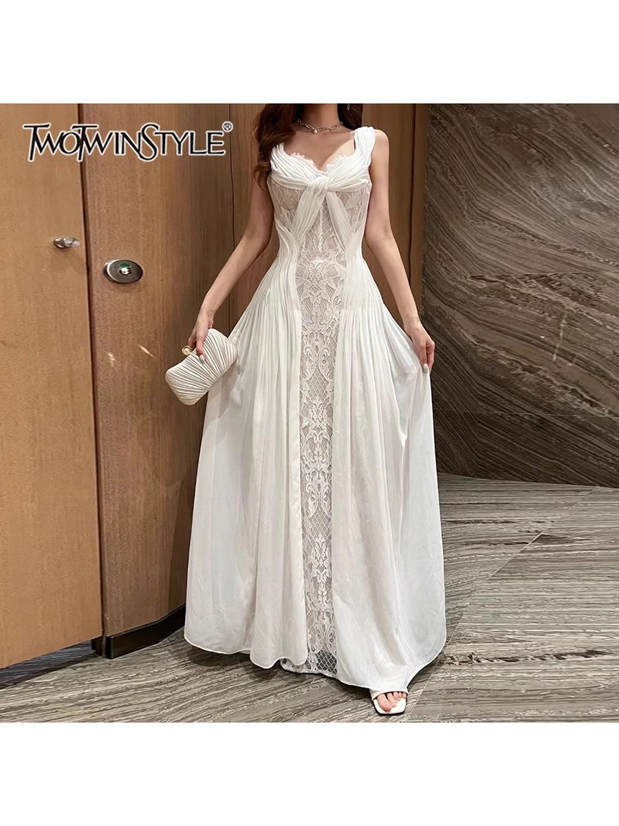 

TWOTWINSTYLE Solid Spliced Lace Up Slimming Dresses For Women V Neck Sleeveless High Waist Temperament Long Dress Female Fashion