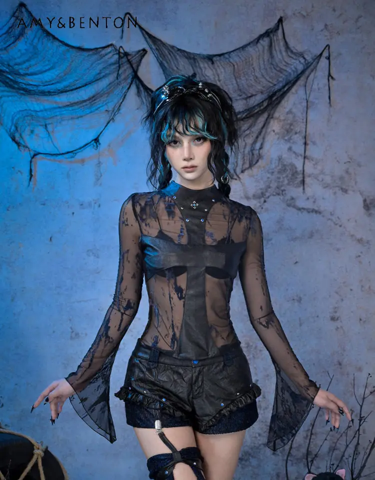 

Оригинальная женская прозрачная сетчатая блузка в стиле рок-панк с длинным рукавом, сексуальная, с заклепками, вышивкой крестом и элементами готической субкультуры