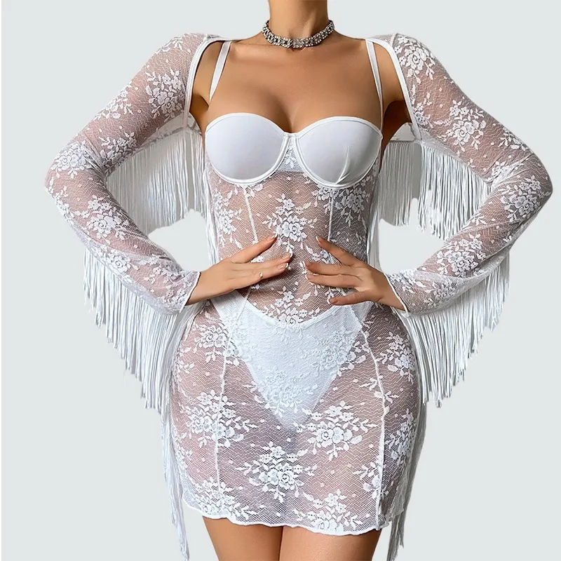 

Toucheart Erotic Dress Elegant Palace-style Fringed Cardigan Spliced ​​with See-through Intimate Lace Purelust Hip-hugging Dress