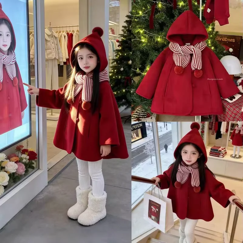 Girls Red Hooded Wool Coat Autumn Winter Thick Warm Jacket Kids New Year Outerwear 80-140CM