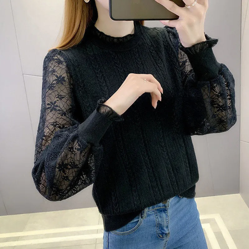 Women Lace Patchwork Chic Long Sleeve Soft Comfortable Knitted Sweater Spring Fall Fashion Solid Slim Pullover Basic Ladies Tops