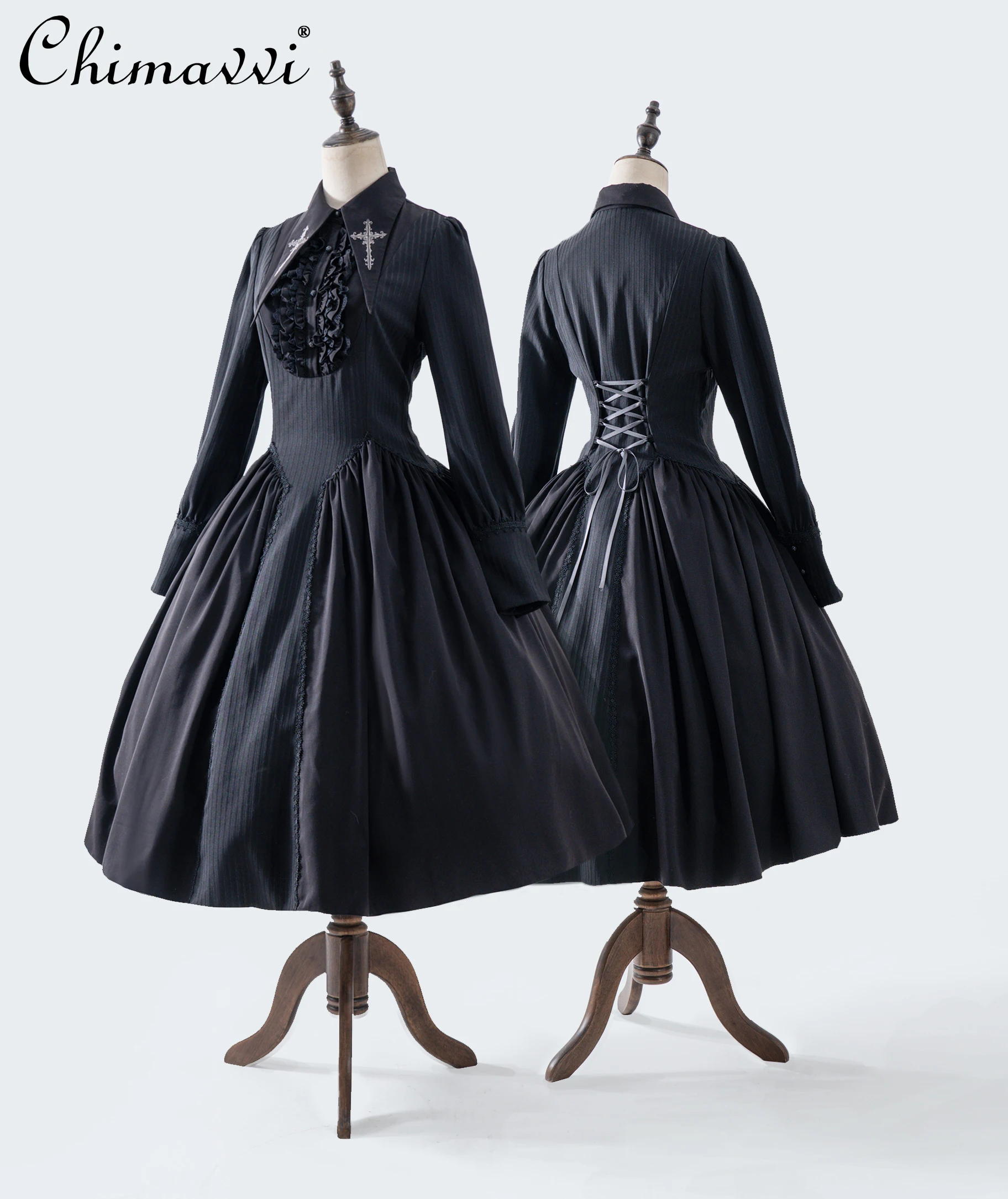 

Black Gothic Dark Girls Lolita Op Dress Autumn and Winter New Japanese Style Lapel Lace-up Waist Long-sleeved Halloween Dresses