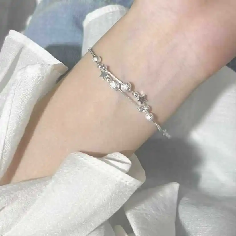 925 Sterling Silver Stars Bead Bracelets For Women Korean Designer Double Layered Chian Bracelet Party Wedding Exquisite Jewelry