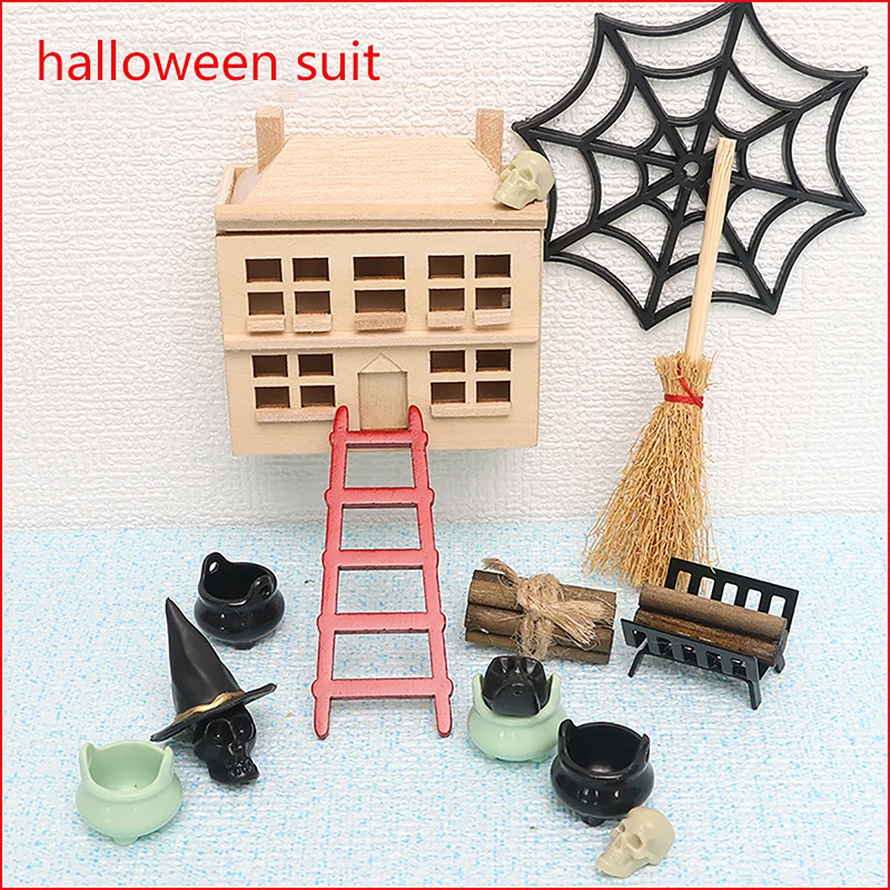 1 Set 1:6 1:12 Dollhouse Miniature Halloween Furniture Ornament Model Bat Skull Broom Spider Model Decor Toy