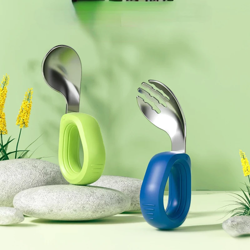 Baby Spoon Zixue Eat Training Self-Eating Elbow Stainless Steel Tableware Baby Spork