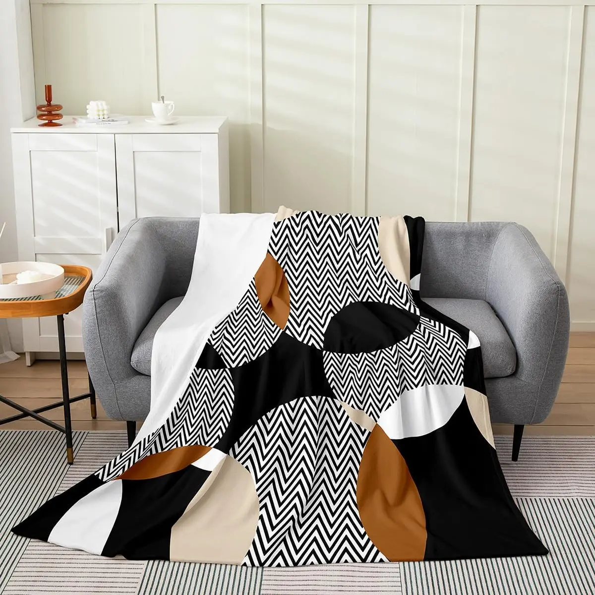 Retro Color Block Chevron Line Circle Pattern Comfortable Fleece Blanket Fit Living Room Bed Couch Simple All-match Household