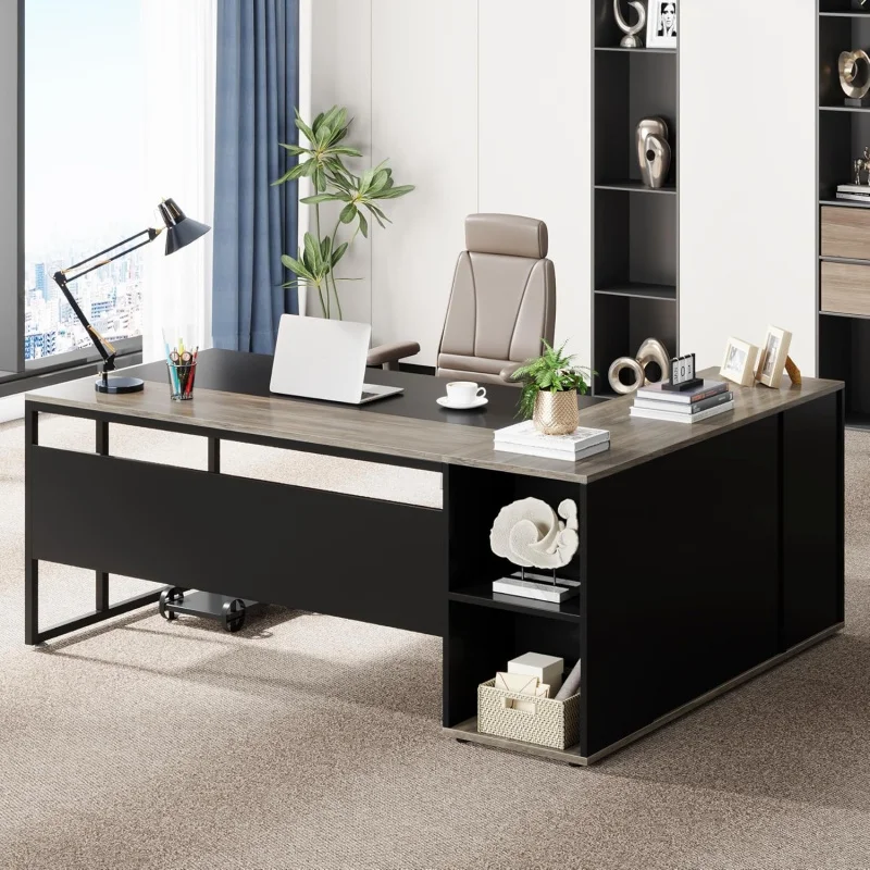 

2026 New：71 inch Executive Desk, L Shaped Desk with Cabinet Storage, Executive Office Table with Shelves, Business Fu