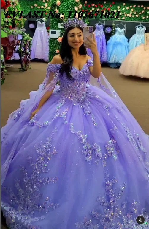 EVLAST Shiny Lavender Lilac Quinceanera Dress Ball Gown Sequins Lace Applique Beading Cape Sweet 16 Vestidos De 15 Anos SQ756