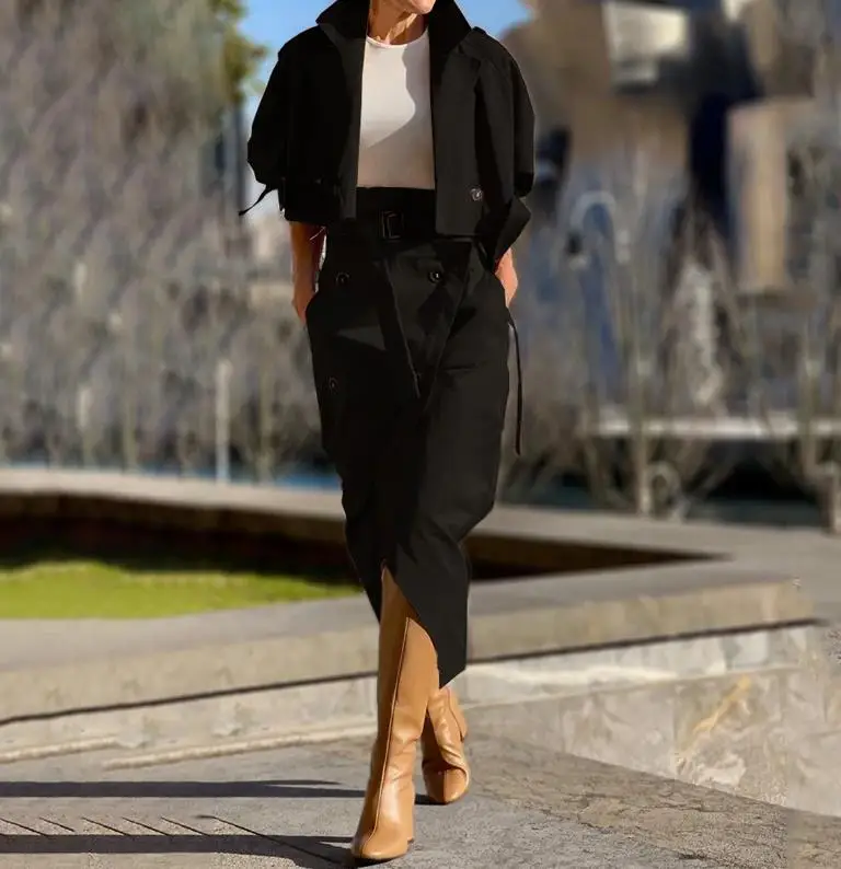 Elegant Commuting Two Pieces Set for Women 23 Autumn New Fashion Casual Loose Short Coat High Waist Long Dress Design Sense Set