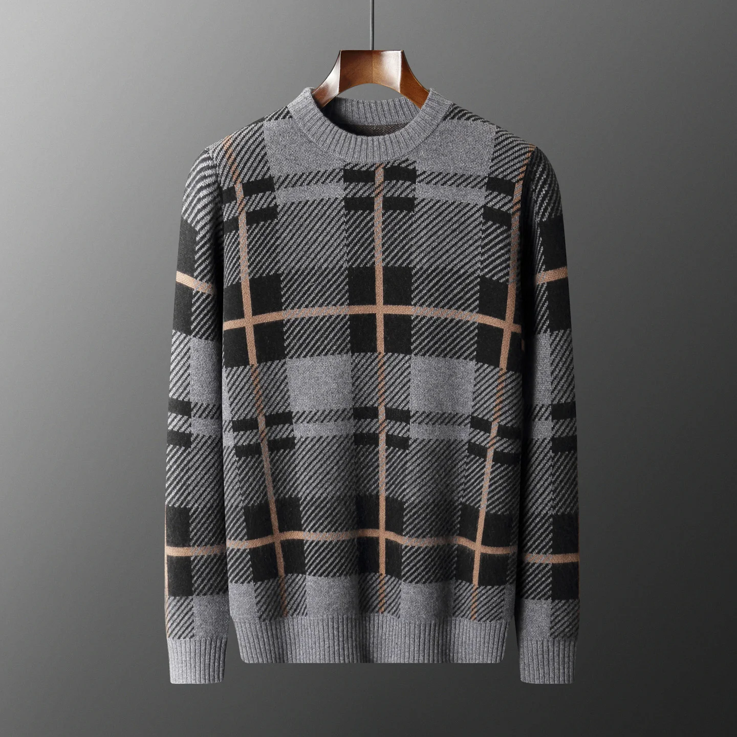 

New Style Half-High Neck Thick Pullover Men's 100% Cashmere Classic Plaid Casual Sweater Autumn Winter Fashion Business Knitwear