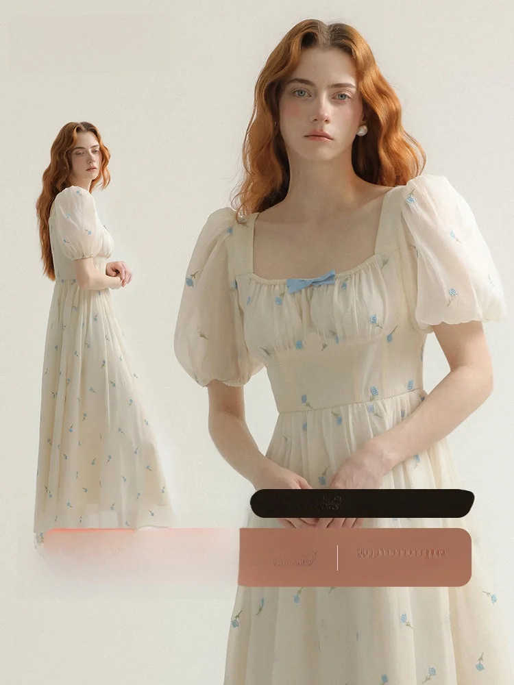 

Princess Style Summer White Long Dress Bubble Sleeve Tea Break Floral Skirt Women's Fashion High Waist A-Line Dress Polyester...