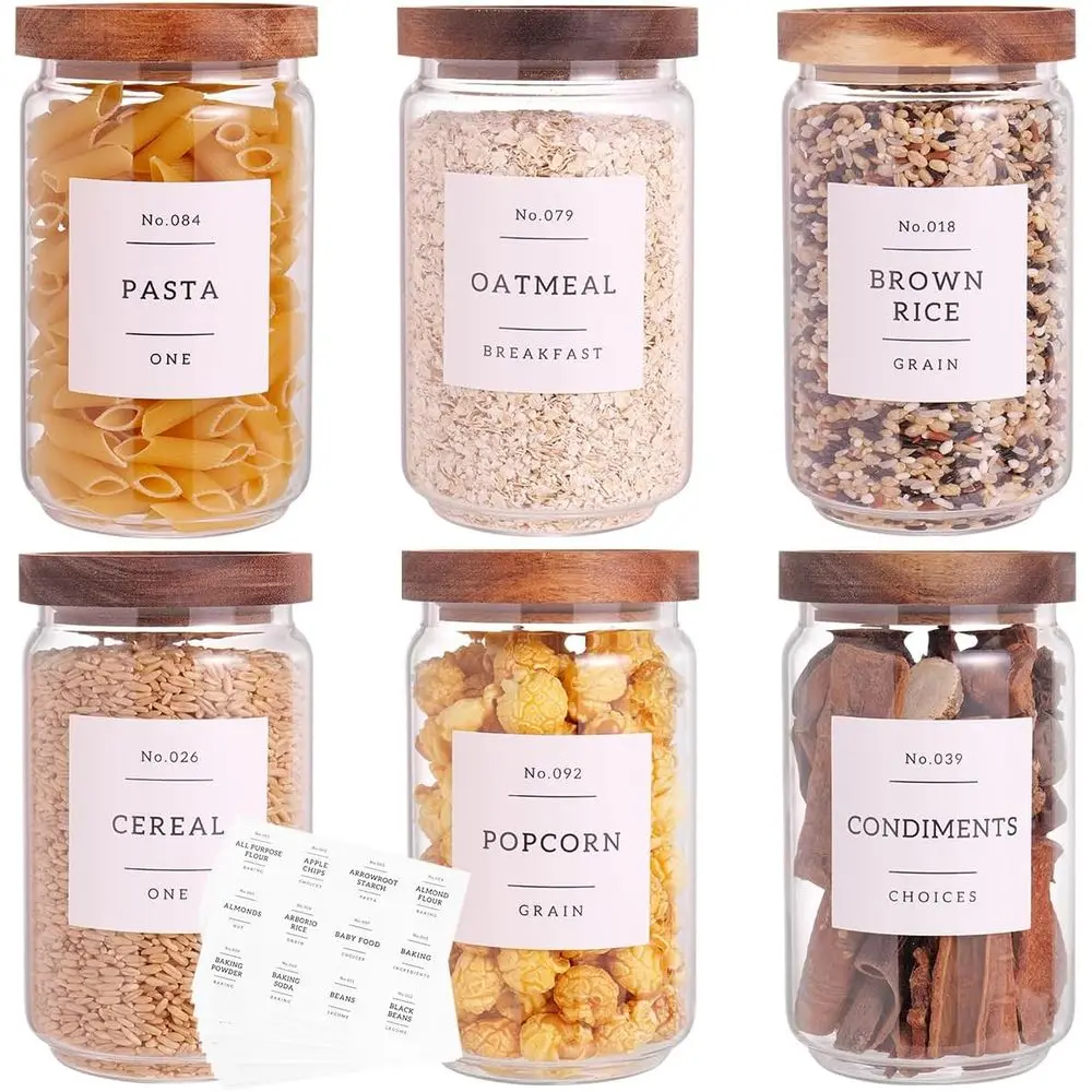 

6 Set Glass Pantry Storage Jars with Acacia Airtight Lid - 23oz Thicken Glass Kitchen Canisters with 132 Pantry Labels - Clear G