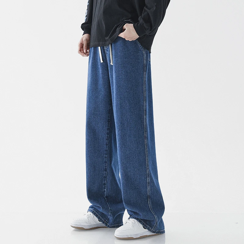 Spring Men Baggy Washed Jeans Drawstring Wide Leg Cargo Denim Pants Fashion Casual Trousers Male Designer Clothing Blue Black