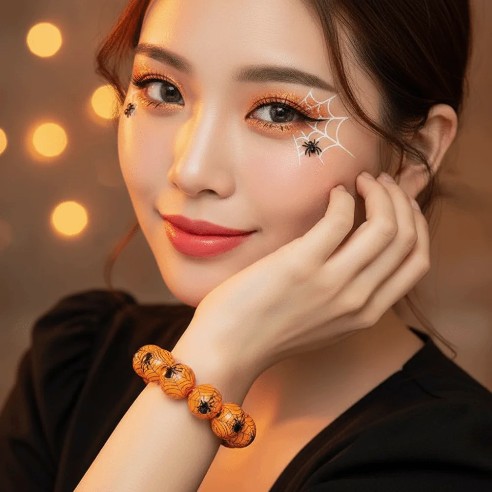 Spider Jewelry Elastic Halloween Bracelet Wooden Stretchy Pumpkin Beads Bracelet Handmade Orange Wood Wristband Holiday Gift