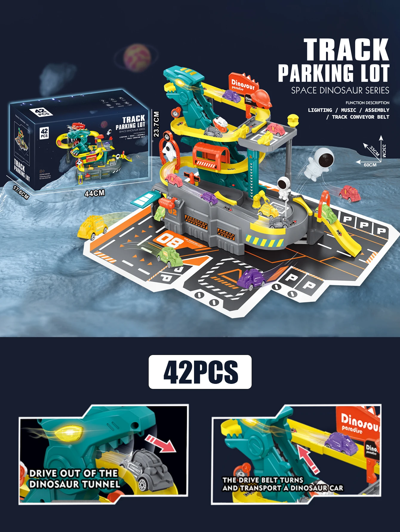 

Игровой набор «Космическая гонка динозавров» с парковкой, 42 элемента, электрическая конвейерная лента, LED-подсветка и музыка, игрушка-приключение для сборки своими руками