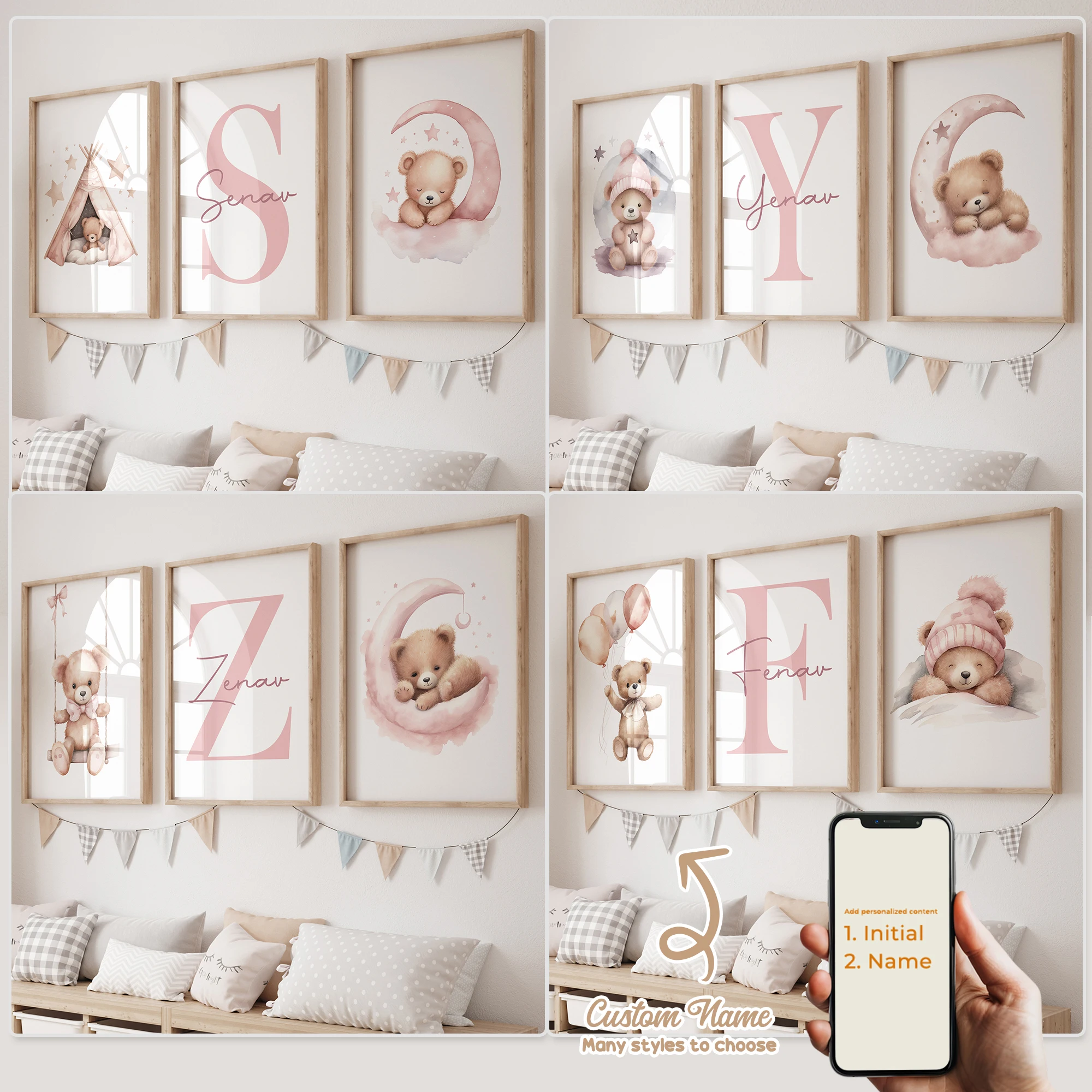 3pcs Personalized Custom Name Cartoon Pink Teddy Bear Wall Art Print Picture Canvas Poster Painting For Living Room Home Decor