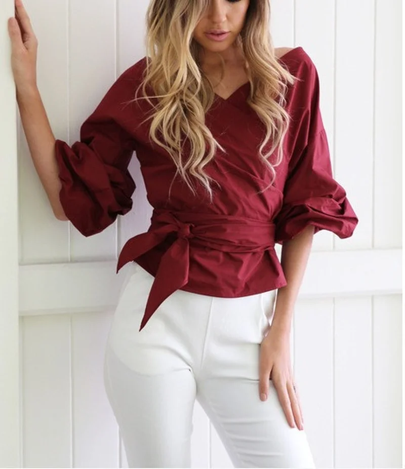 Slim Sexy Off Shoulder Shirts Women Long Sleeve Bow Tie White Blouse Solid V-Neck Fashion Harajuku Women Tops Y2K Clothes 22122