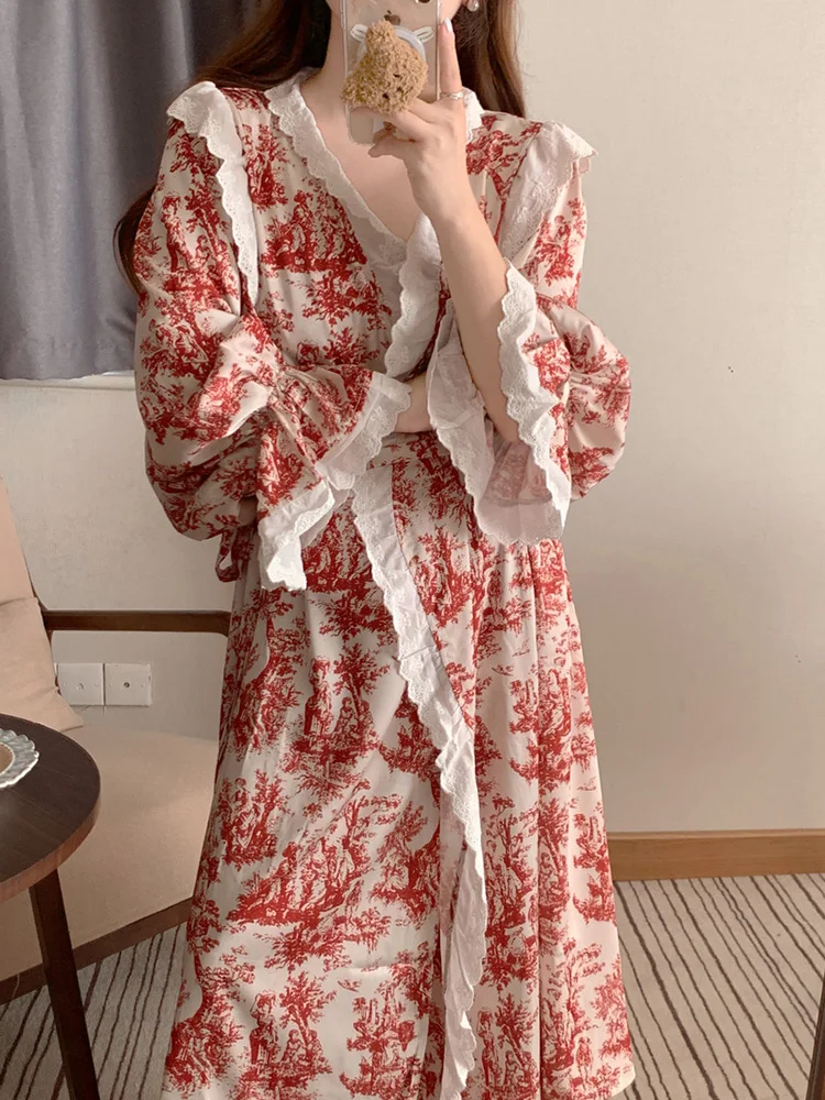 Lazy Sweet Simple New Home Sexy V-Neck Night-robe Long Sleeve  Print Korean Style Pajama Set Women Totem Loose Sleepwear Ins