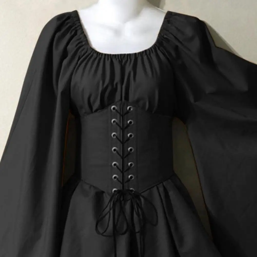 فستان نسائي بأكمام طويلة من القرون الوسطى عتيق زي قزم الجنية بأكمام جرس وخصر عتيق فستان نسائي مرقع لجميع القديسين