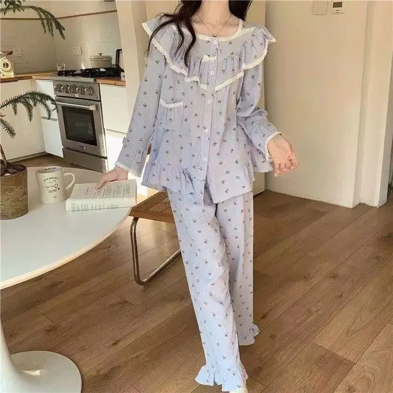 Floral Sleepwear Women Pajama Sets Ruffles Piiama Long Sleeve Pants Sets 2 Pieces Lace Night Wears Korean Autumn Home Suit New