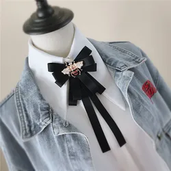 handmade New Vintage Ribbon Women Big Bowtie Bee Bowknot British Bow Tie Cravat Crystal Brooch Pin Fashion Jewelry Accessories