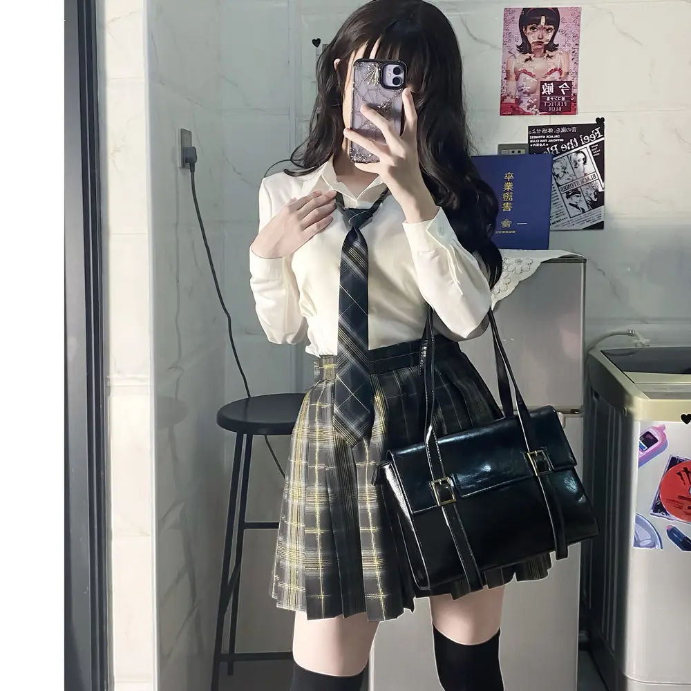 الأصلي اليابانية الخصر التخسيس مرونة طويلة الأكمام JK قميص الإناث الرغبة النقية فتاة ساخنة ضئيلة قميص أبيض أعلى تنورة منقوشة