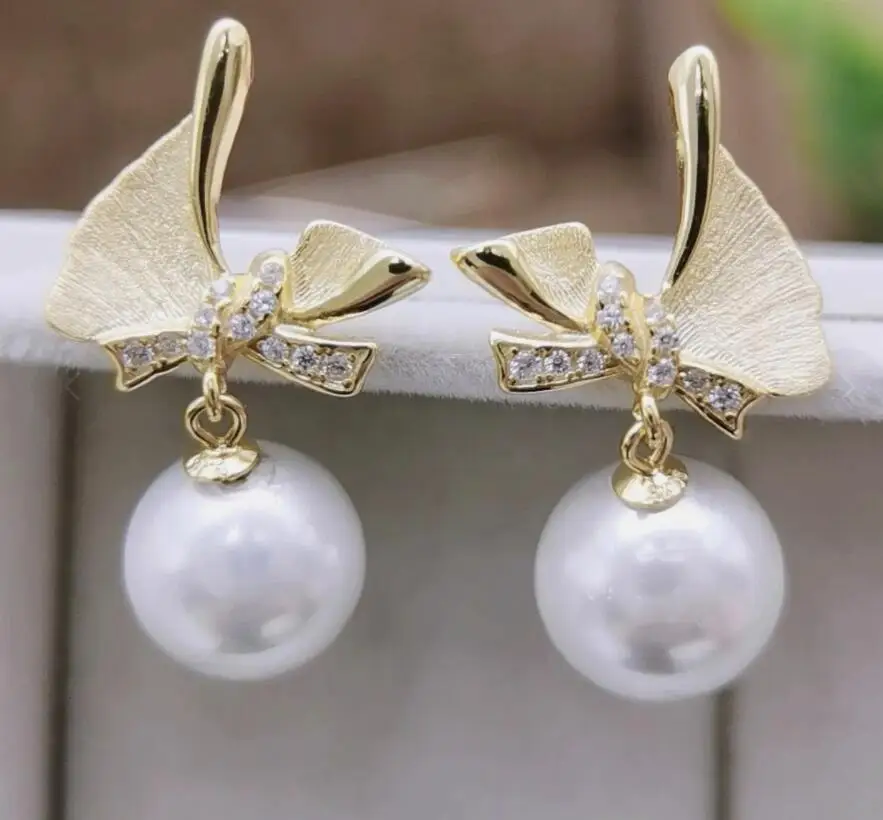 charming pair of 10-11mm 9-10mm south sea round white pearl dangle earring 925s