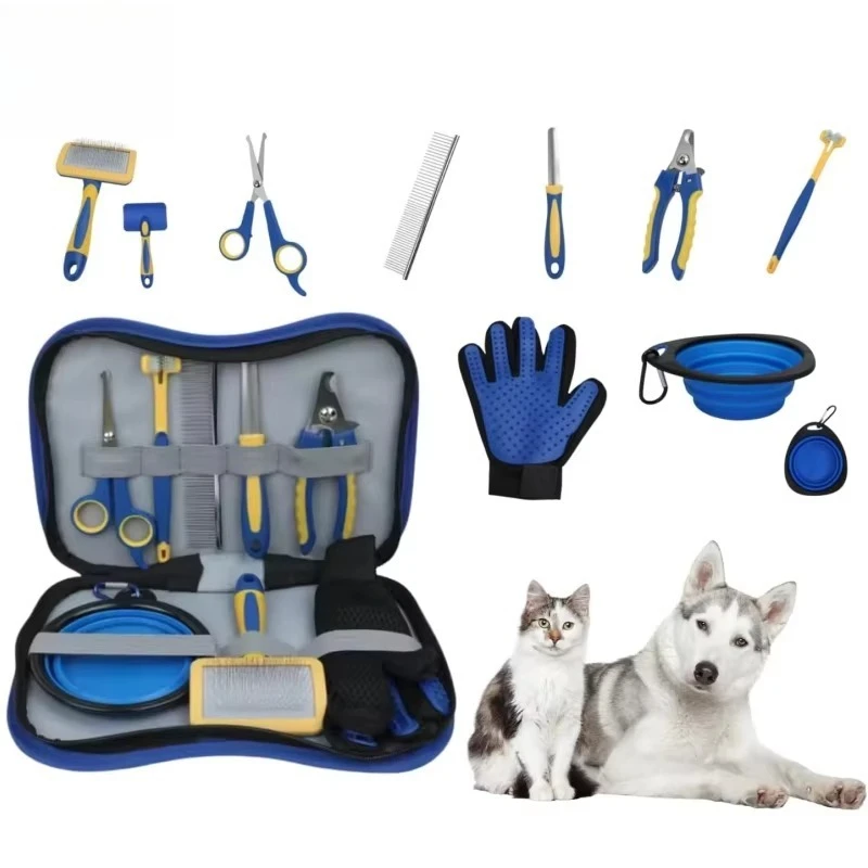 8 in 1 Dog Grooming Kit Pet Supplies Including Nail Clipper Brush Scissors Toothbrush Feeding Bowl