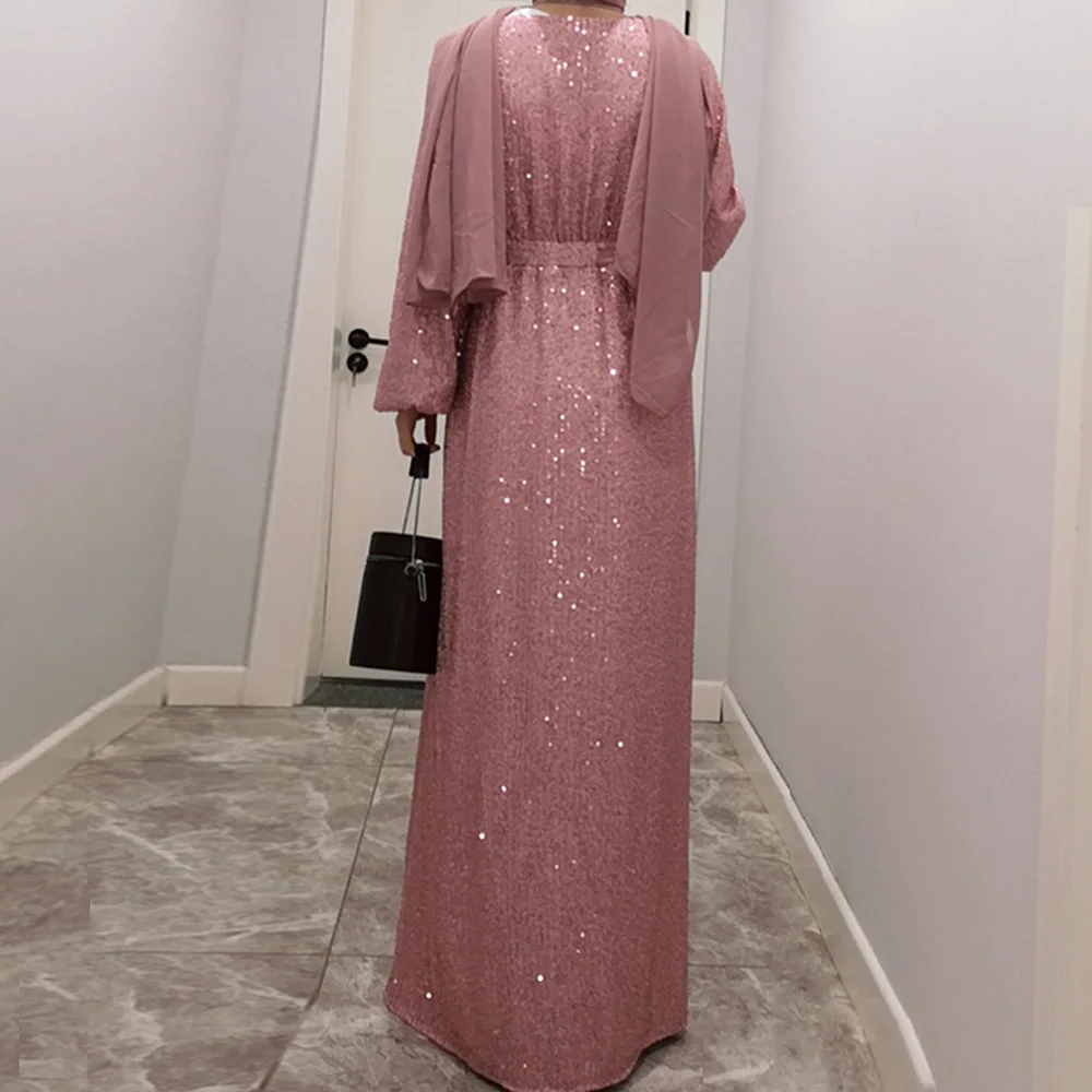 2023 New Sequin Waist Evening Robe Elegant Long-Sleeved Strapped Cuff A-line Dress For Women Autumn Solid Slim Banquet Clothing