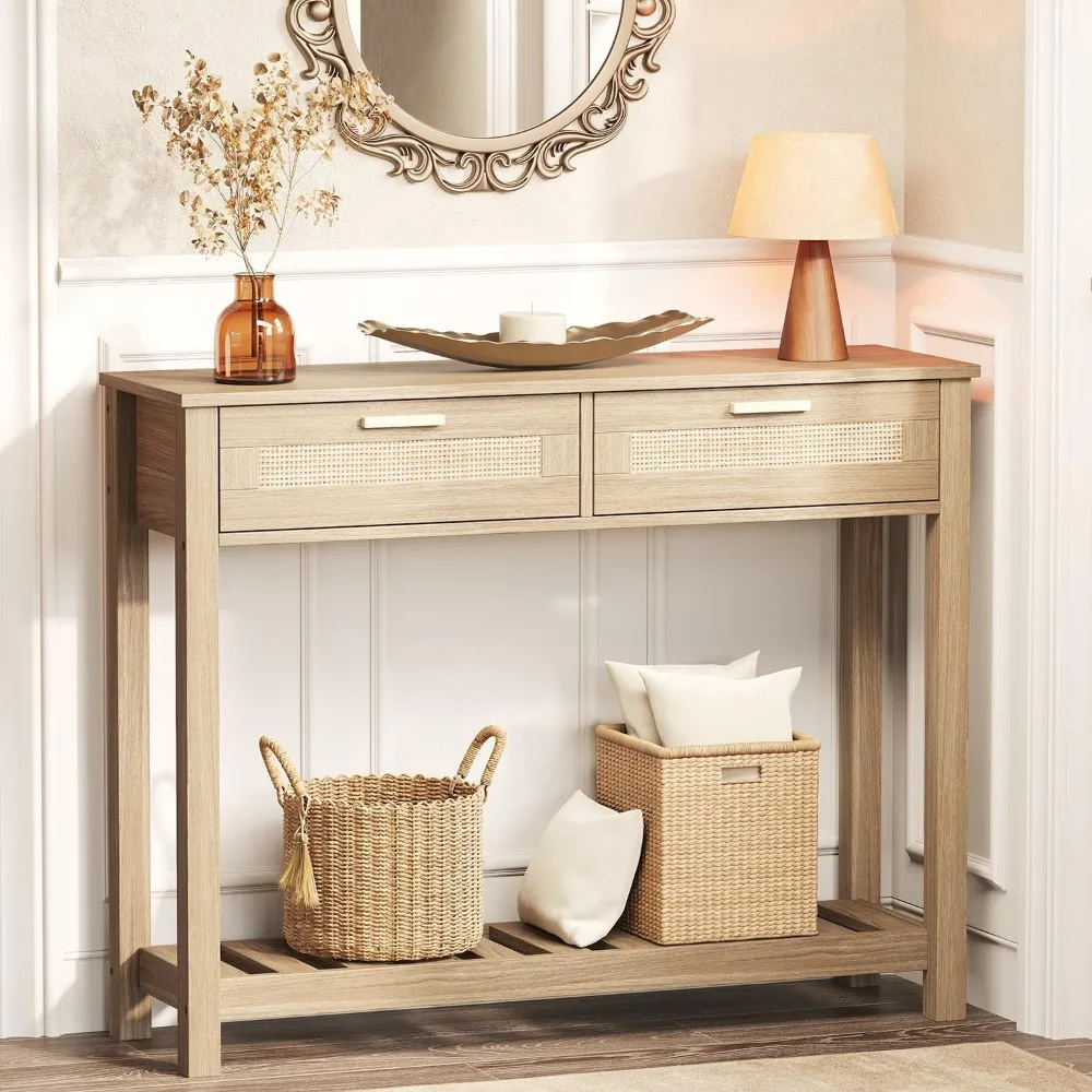 Консольный столик из ротанга в стиле бохо с ящиками и местом для хранения вещей, узкий столик в прихожей, небольшой входной столик для гостиной, фойе, B