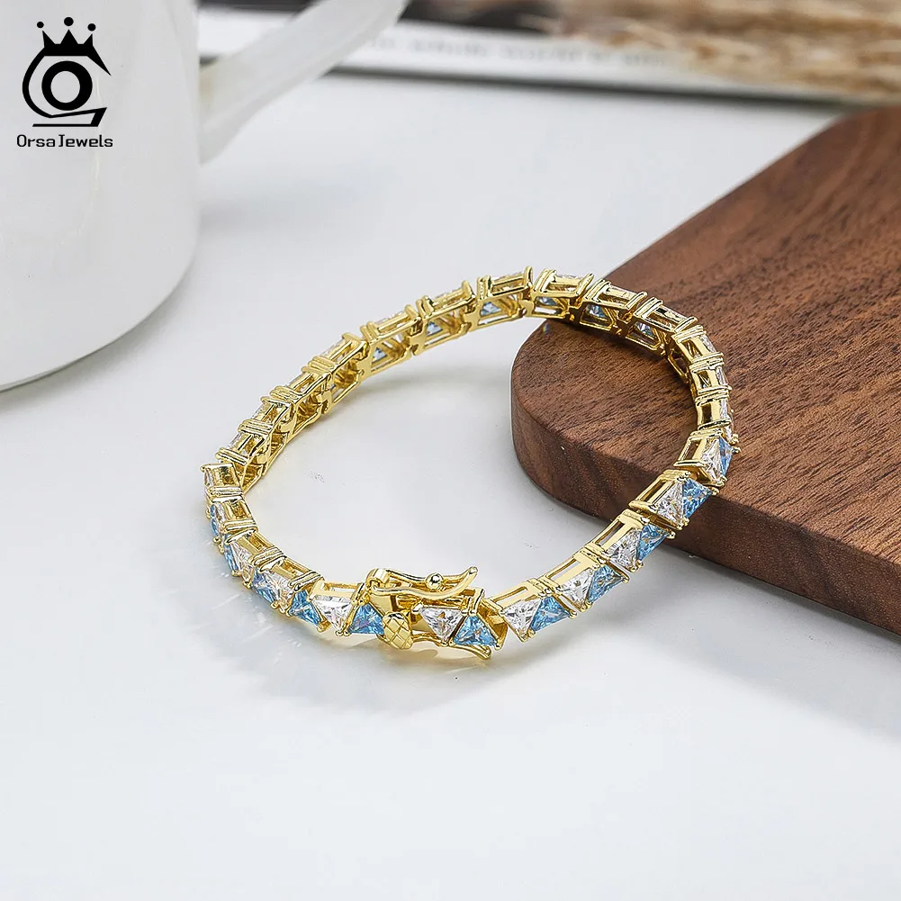 ORSA جواهر 3 مللي متر 4 مللي متر الأصلي الأزرق والأبيض الزركون أساور التنس لامعة 8A تشيكوسلوفاكيا الماس 925 الشظية سوار هدية حفلة SB207