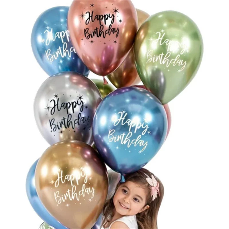 10Pcs 12 inch Happy Birthday Print Metal Chrome Balloon Birthday Party Sequins Latex Balloon Decorative Supplies